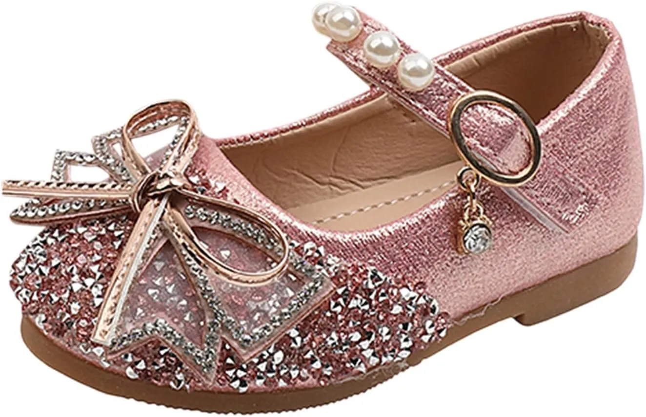 Jchen Girls Sequin Bling Pearl Princess Dress Shoes Wedding Party Bowknot Bridesmaids Flats Heels Shoes for Little/Big Kid