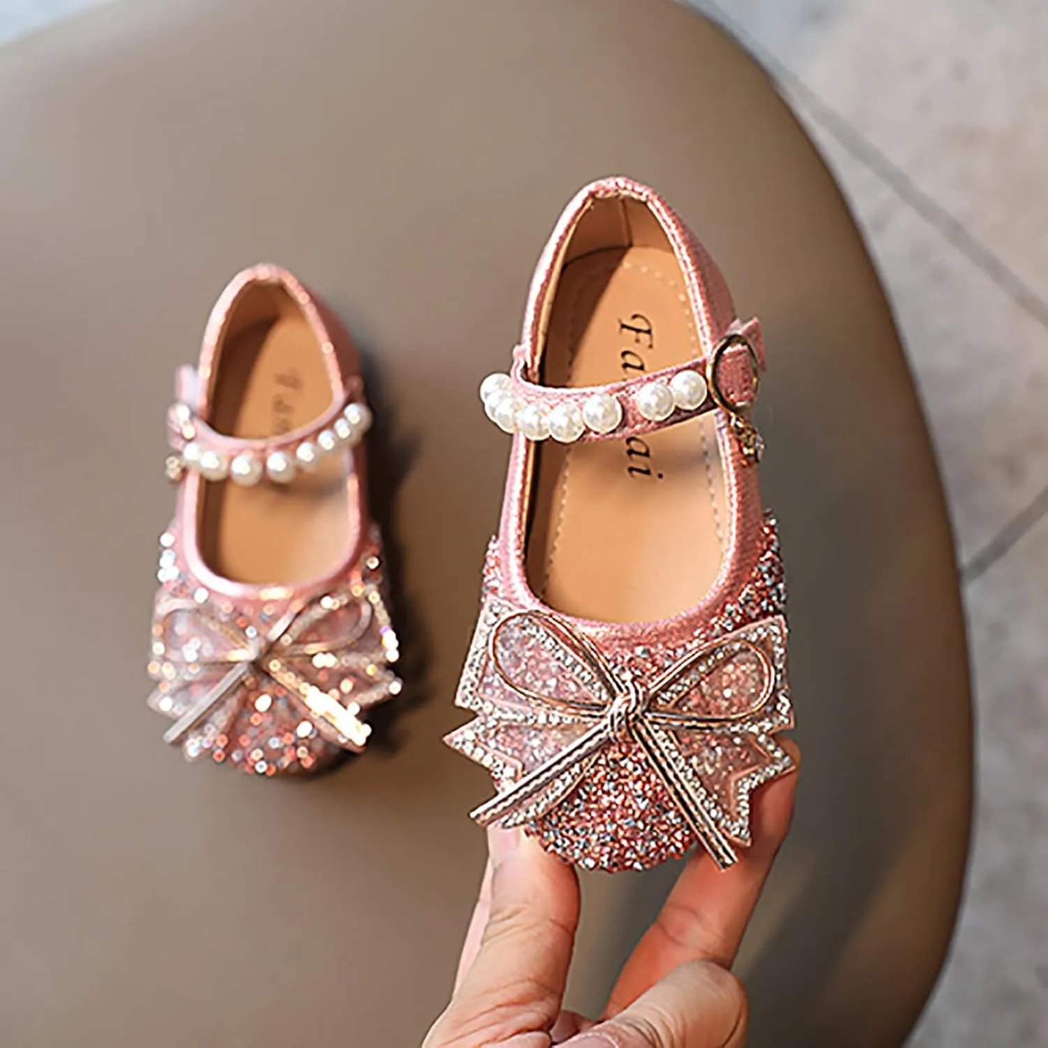 Jchen Girls Sequin Bling Pearl Princess Dress Shoes Wedding Party Bowknot Bridesmaids Flats Heels Shoes for Little/Big Kid