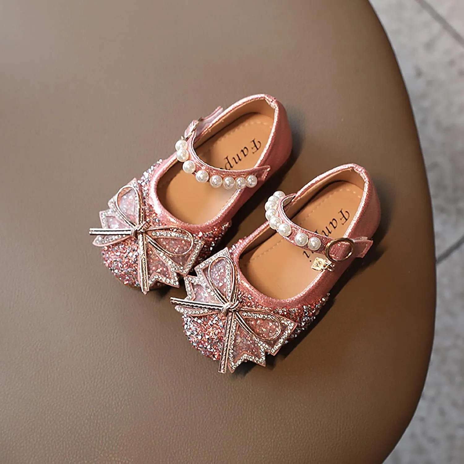 Jchen Girls Sequin Bling Pearl Princess Dress Shoes Wedding Party Bowknot Bridesmaids Flats Heels Shoes for Little/Big Kid