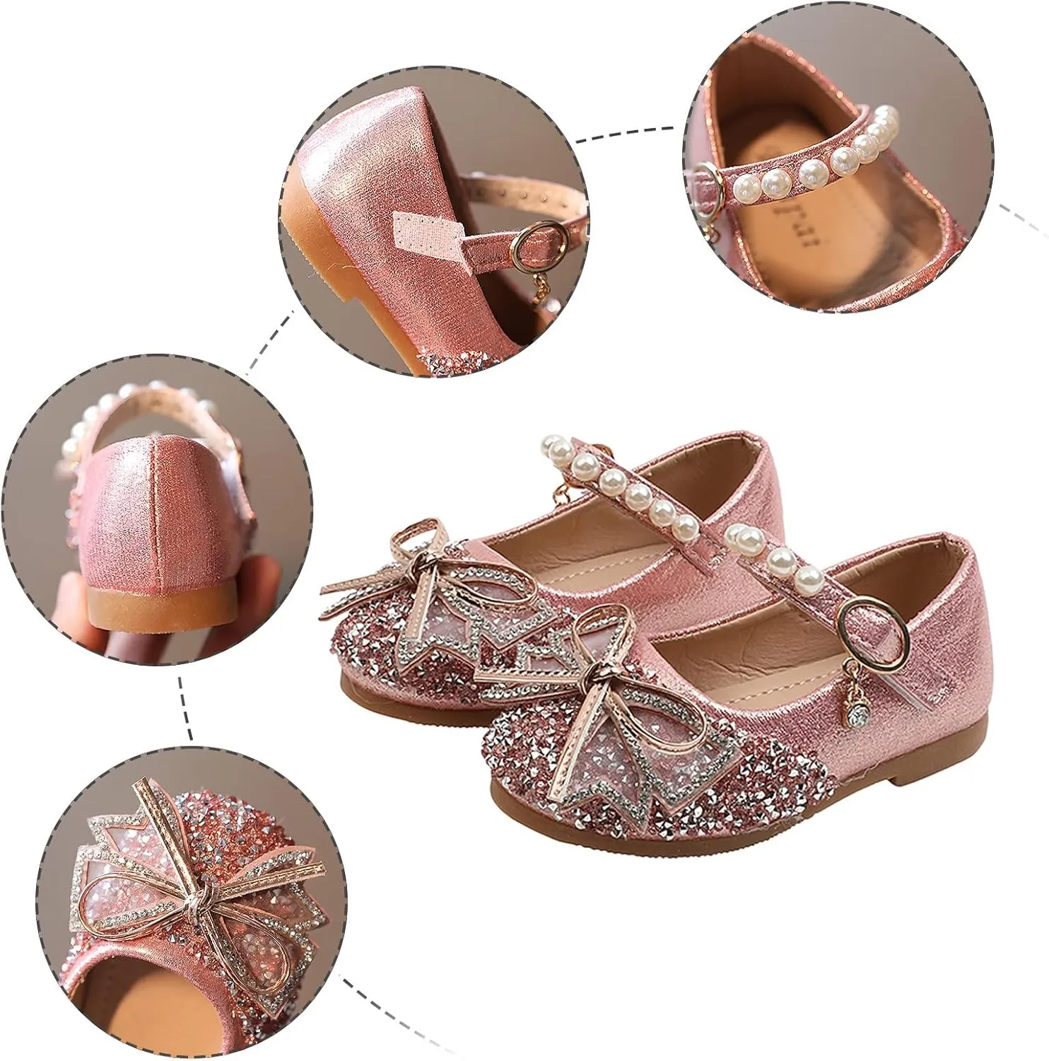 Jchen Girls Sequin Bling Pearl Princess Dress Shoes Wedding Party Bowknot Bridesmaids Flats Heels Shoes for Little/Big Kid