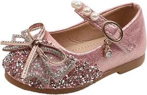 Jchen Girls Sequin Bling Pearl Princess Dress Shoes Wedding Party Bowknot Bridesmaids Flats Heels Shoes for Little/Big Kid