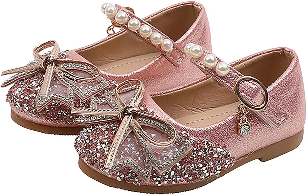 Jchen Girls Sequin Bling Pearl Princess Dress Shoes Wedding Party Bowknot Bridesmaids Flats Heels Shoes for Little/Big Kid