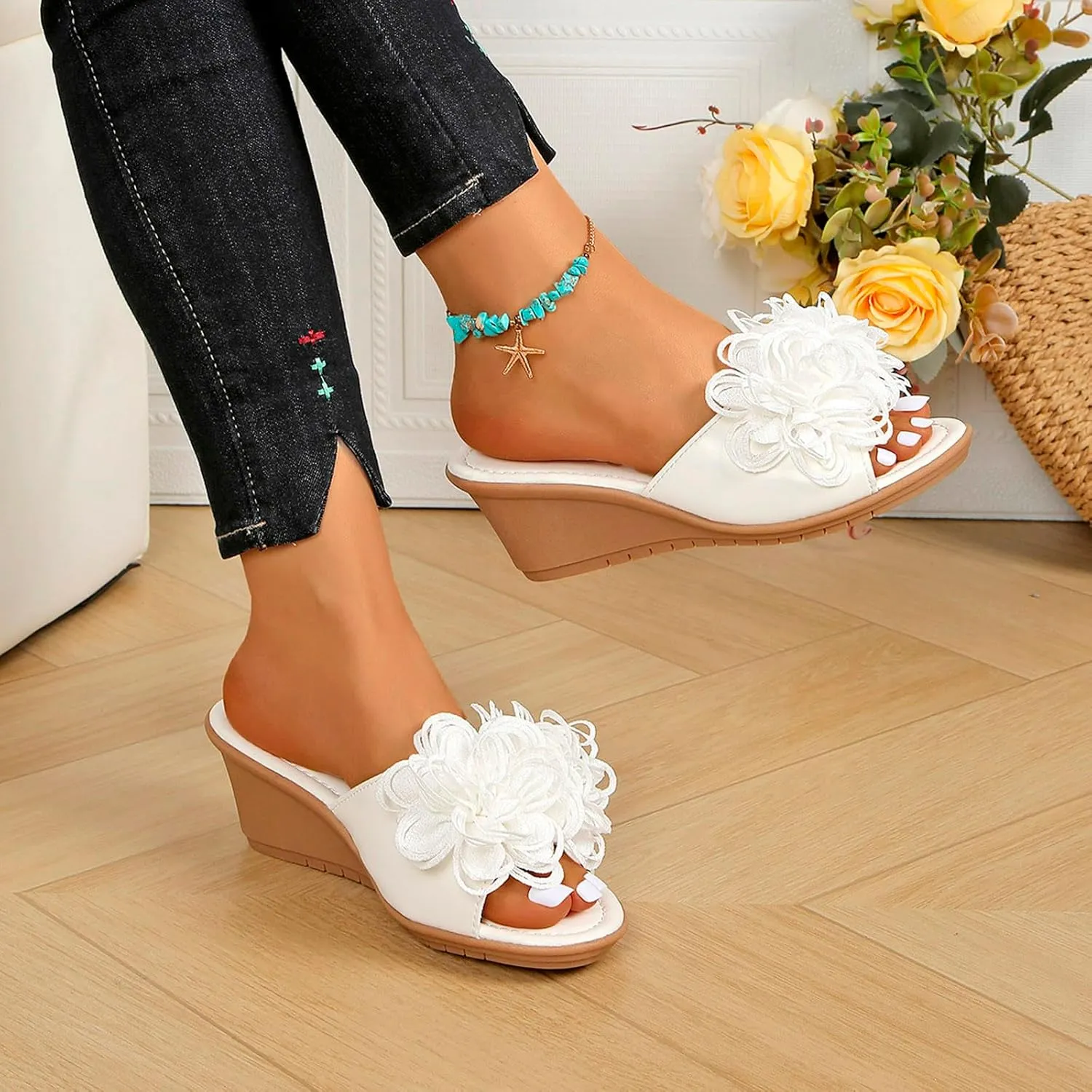 Ladies Flower Sandal Slippers Summer Slope Heel Fish Mouth Women's Casual Roman High Heel Sandal Slippers Women Slide