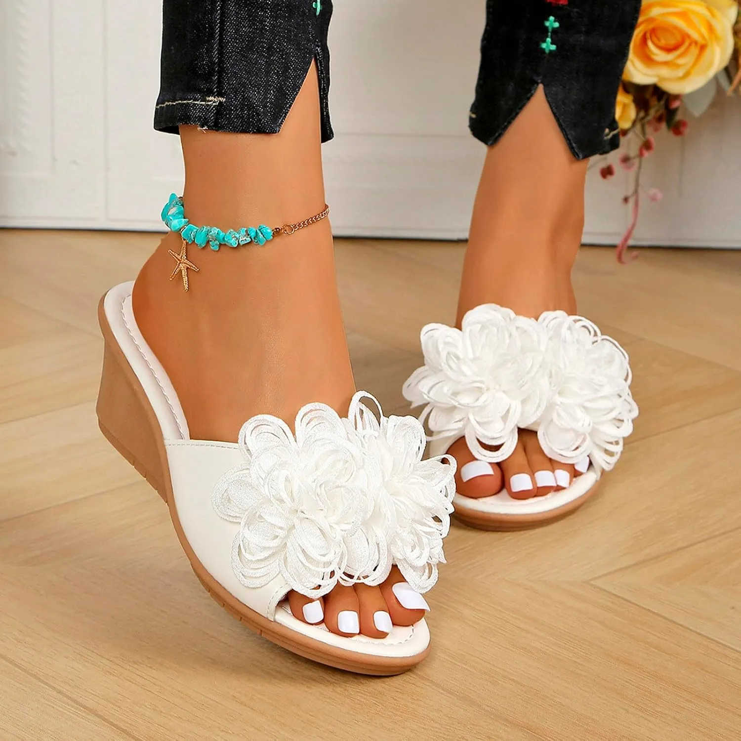 Ladies Flower Sandal Slippers Summer Slope Heel Fish Mouth Women's Casual Roman High Heel Sandal Slippers Women Slide