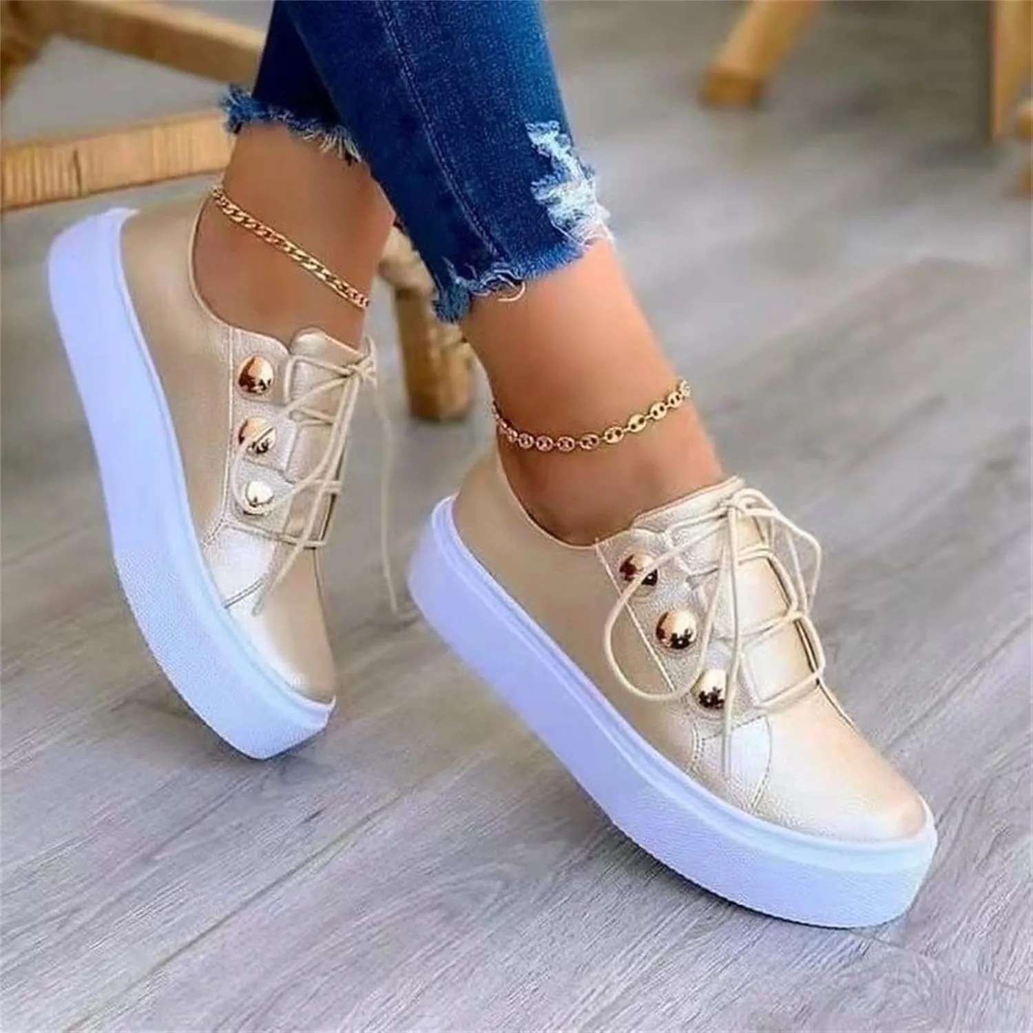 Ladmiple Sneakers For Women Walking Shoes Lace-up Classic Fashion Dressy Casual Summer Slip On Platform Flats Loafers