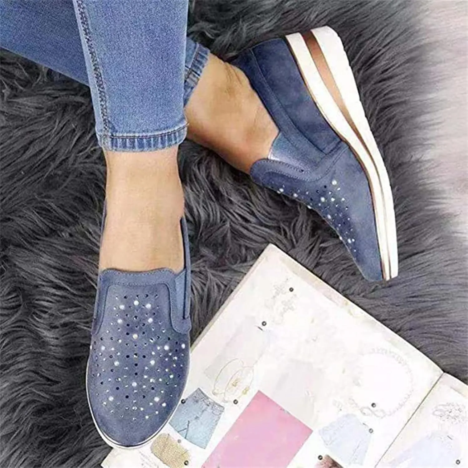 Ladmiple Sneakers For Women Walking Shoes Wide Width Slip On Glitter Shoes Dressy Casual Summer Sparkly Flats Loafers