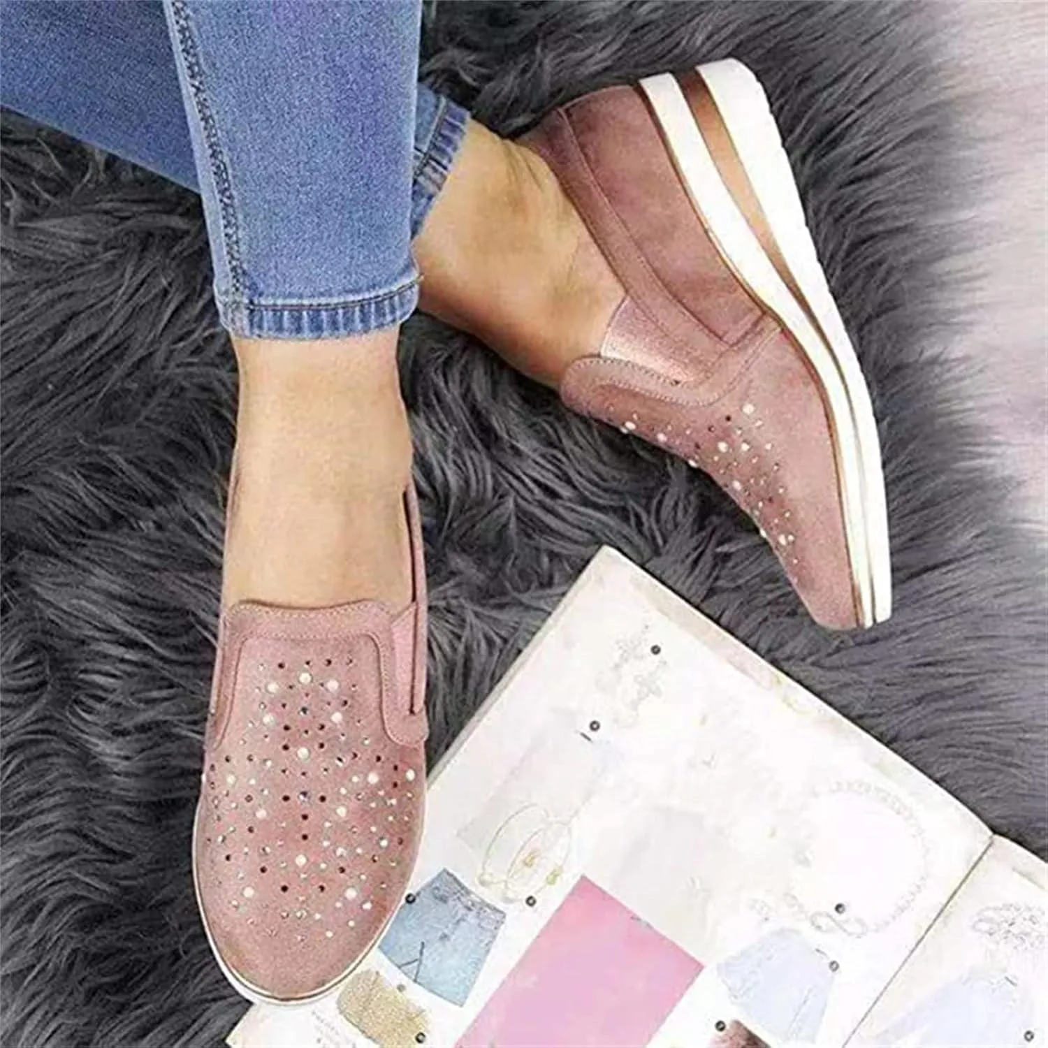 Ladmiple Sneakers For Women Walking Shoes Wide Width Sparkly Sneakers Slip On Dressy Summer Glitter Rhinestone Loafers
