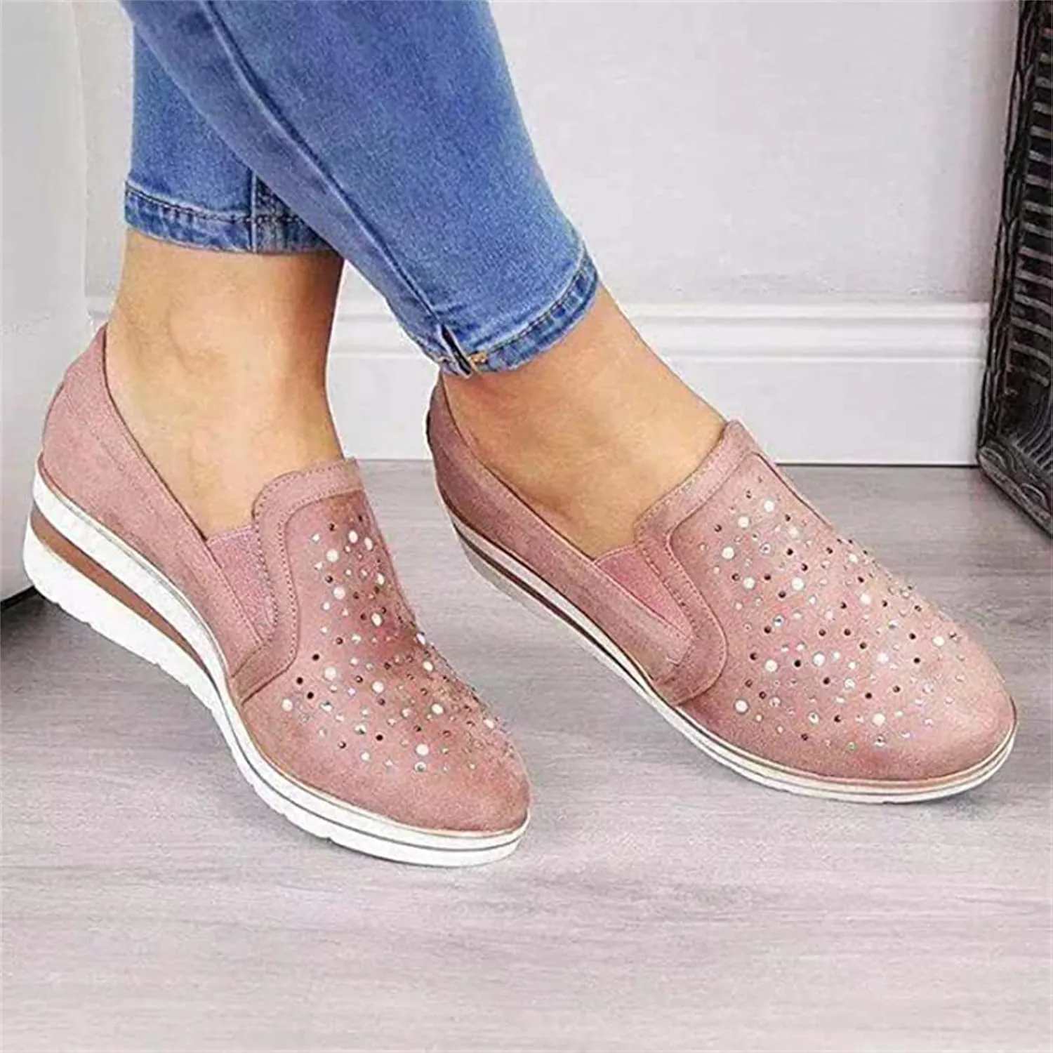 Ladmiple Sneakers For Women Walking Shoes Wide Width Sparkly Sneakers Slip On Dressy Summer Glitter Rhinestone Loafers