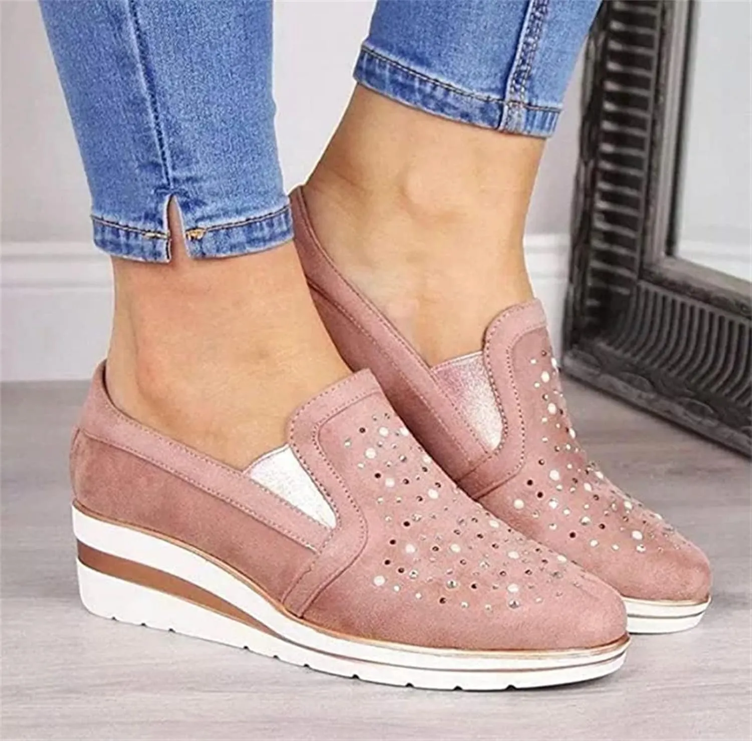 Ladmiple Sneakers For Women Walking Shoes Wide Width Sparkly Sneakers Slip On Dressy Summer Glitter Rhinestone Loafers