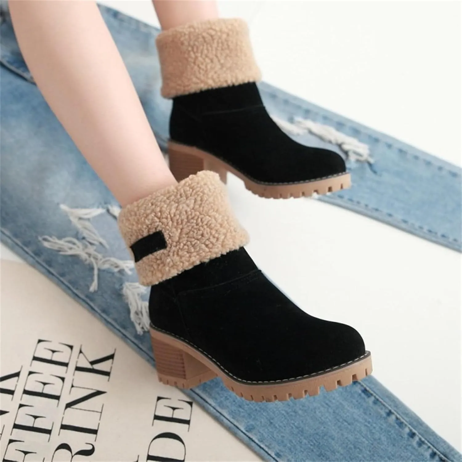 Ladmiple Winter Boots For Women Fashion Snow Boots Ankle Short Boots Slip On Outdoor Mid Calf Booties Fur Lined Warm Shoes