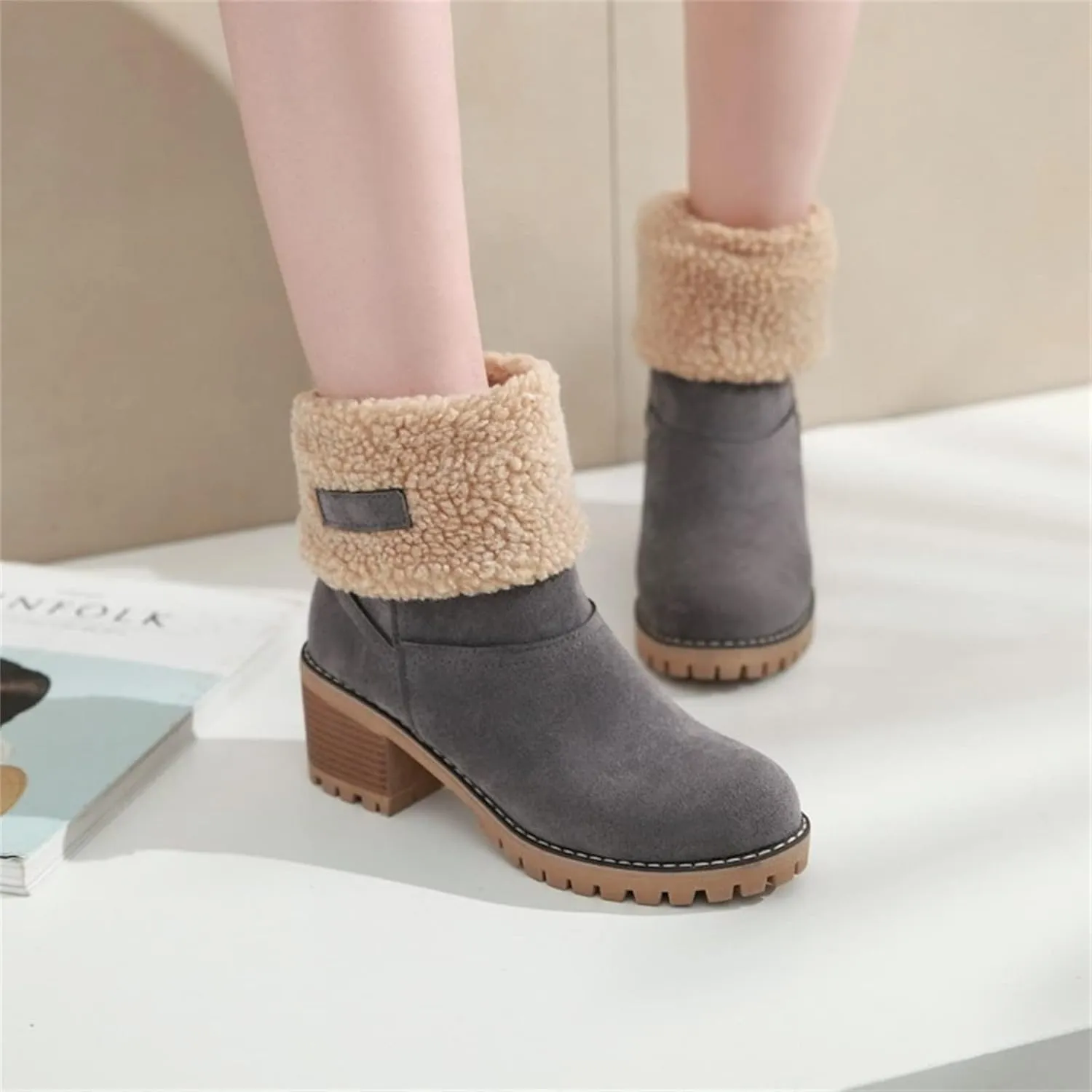 Ladmiple Winter Boots For Women Tall Mid Calf Snow Boots Warm Comfortable Outdoor Fur Lined Thickening Walking Shoes