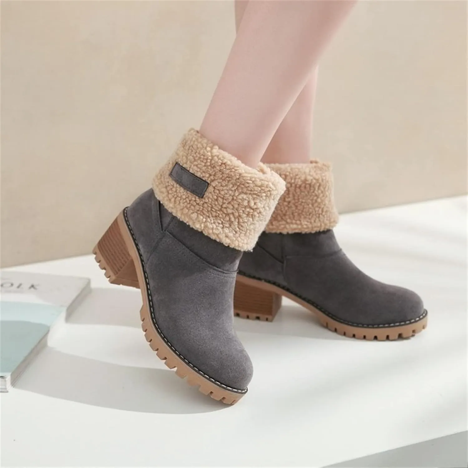 Ladmiple Winter Boots For Women Tall Mid Calf Snow Boots Warm Comfortable Outdoor Fur Lined Thickening Walking Shoes
