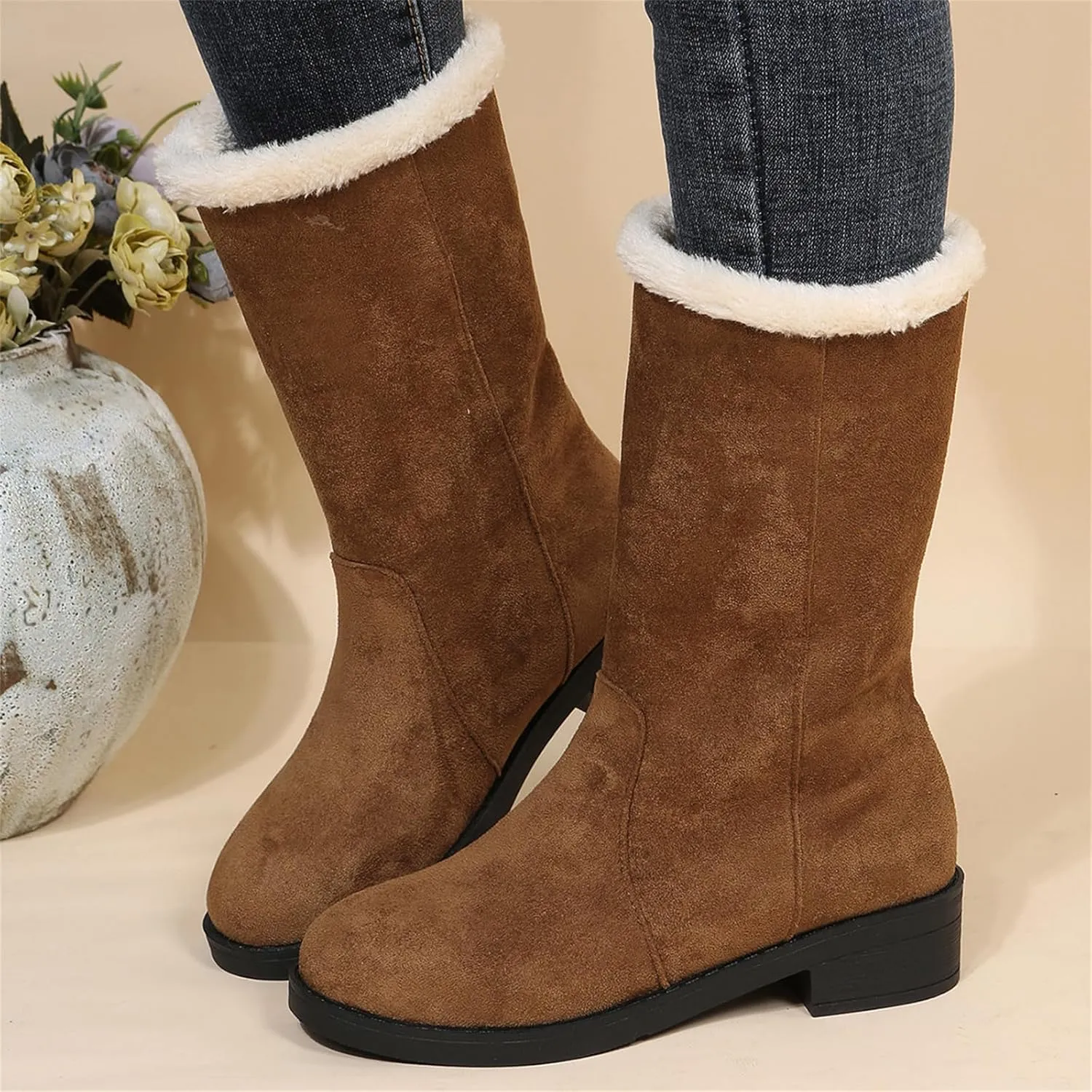 Ladmiple Winter Boots For Women Tall Mid Calf Snow Boots Warm Outdoor Fur Lined Comfortable Fashion Casual Walking Shoes