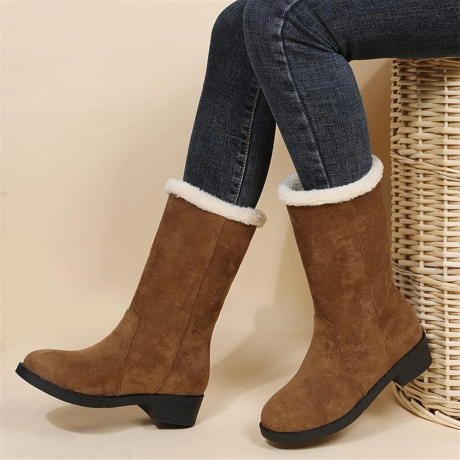 Ladmiple Winter Boots For Women Tall Mid Calf Snow Boots Warm Outdoor Fur Lined Comfortable Fashion Casual Walking Shoes