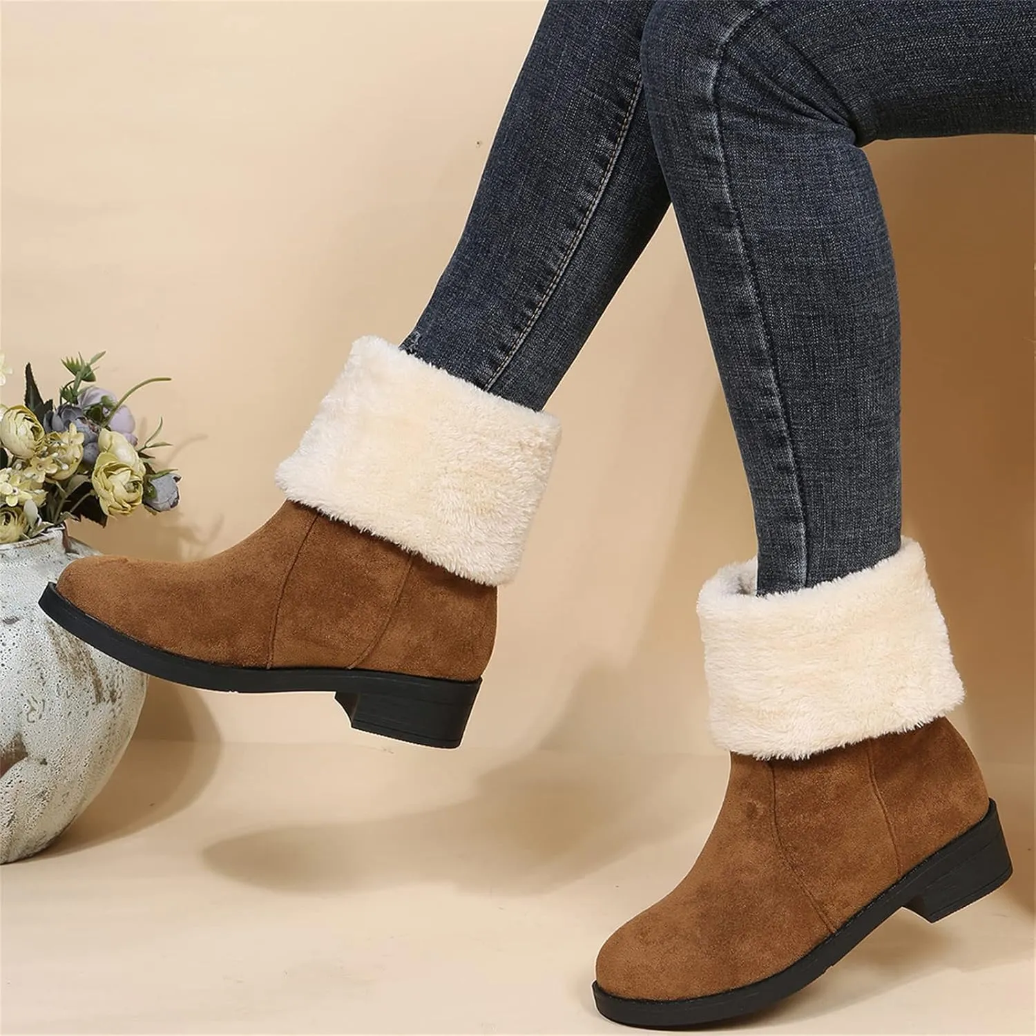 Ladmiple Winter Boots For Women Tall Mid Calf Snow Boots Warm Outdoor Fur Lined Comfortable Fashion Casual Walking Shoes