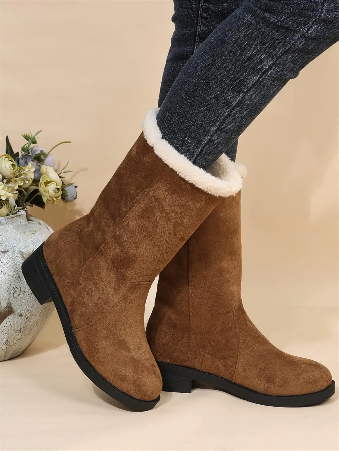 Ladmiple Winter Boots For Women Tall Mid Calf Snow Boots Warm Outdoor Fur Lined Comfortable Fashion Casual Walking Shoes