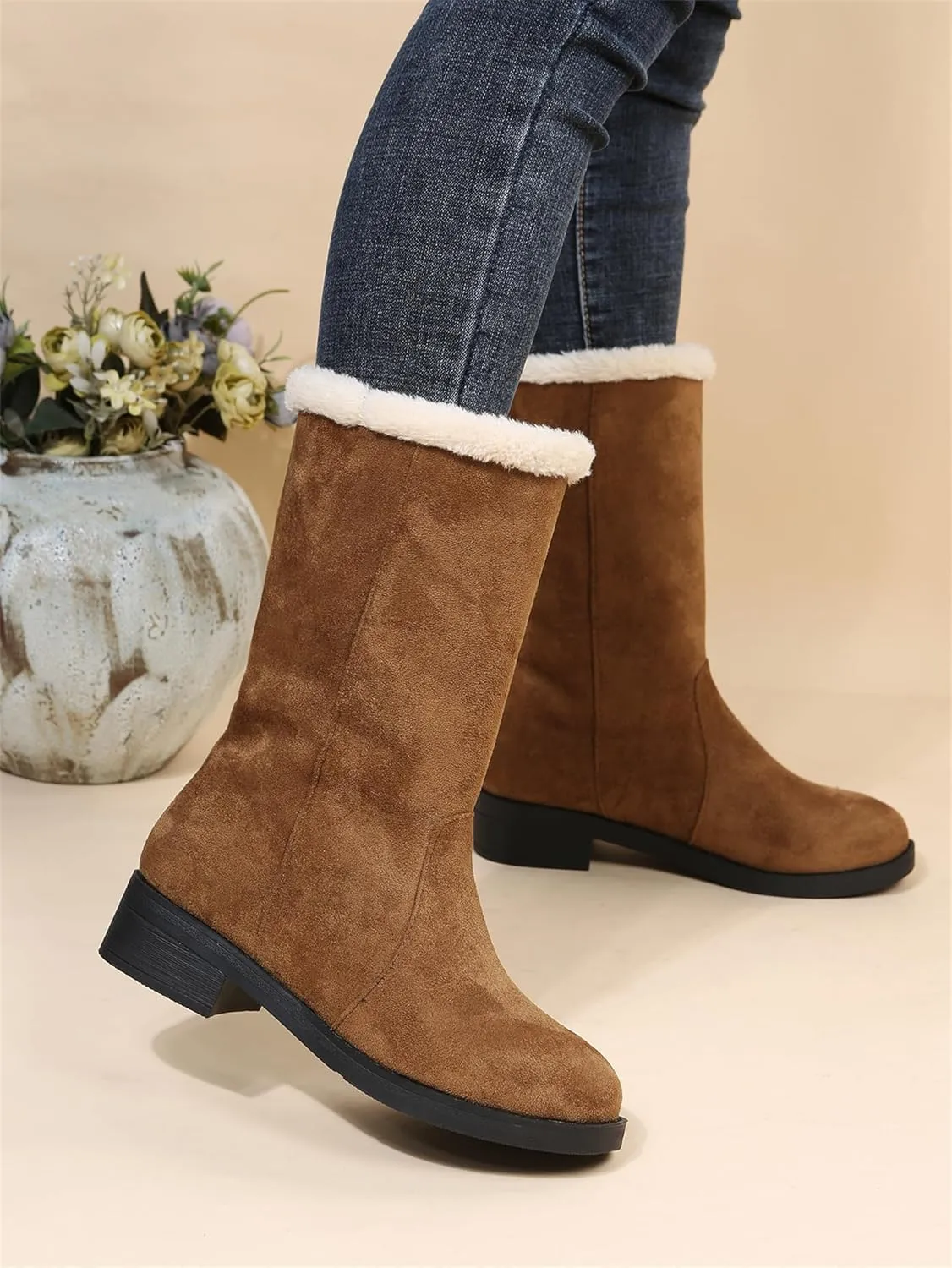 Ladmiple Winter Boots For Women Tall Mid Calf Snow Boots Warm Outdoor Fur Lined Comfortable Fashion Casual Walking Shoes