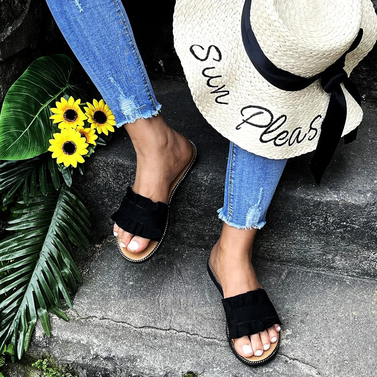 Lady Women's Ruffle Flat Sandals Summer Beach Slippers Open Toe Non-slip Slippers Casual Sandals