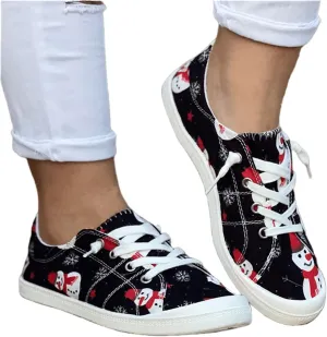 Lausiuoe Christmas Shoes For Woman Women's Canvas Shoes Low Cut Sneaker Casual Walking Shoes Classic Fall Fashion Lightweight Soft Comfort Breathable Slip On Flat Loafers Black