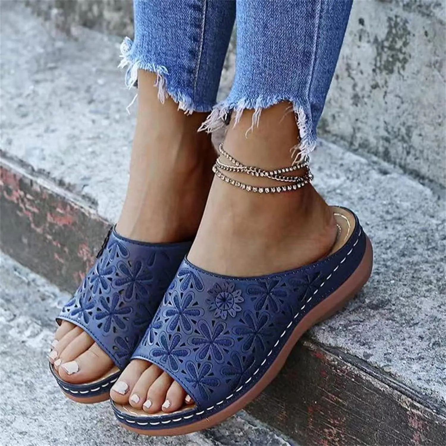 Lausiuoe Sandals Women Dressy Summer Flat Arch Support Fashion Orthotic Slides Athletic Slip On Orthopedic Slippers Flip Flop
