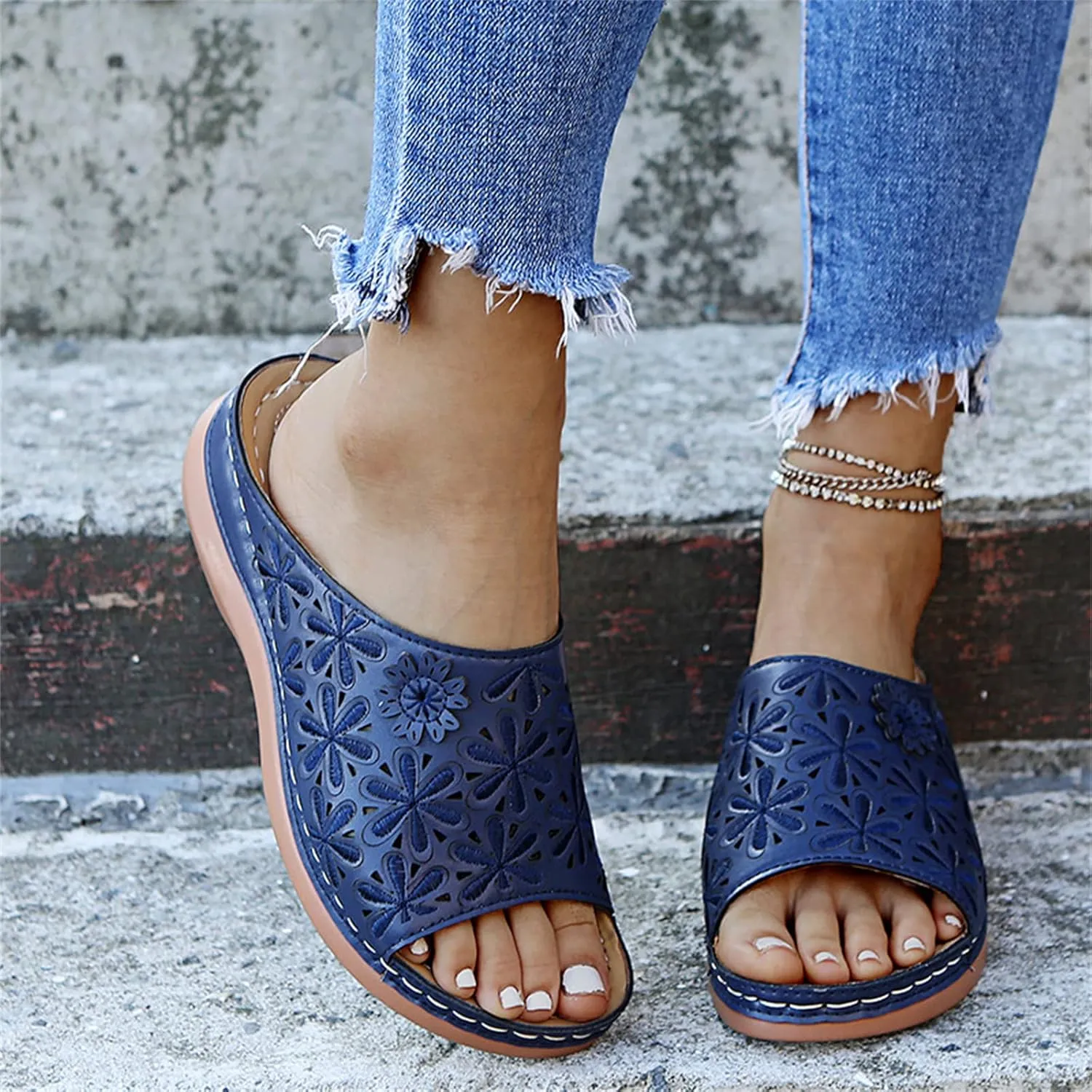 Lausiuoe Sandals Women Dressy Summer Flat Arch Support Fashion Orthotic Slides Athletic Slip On Orthopedic Slippers Flip Flop