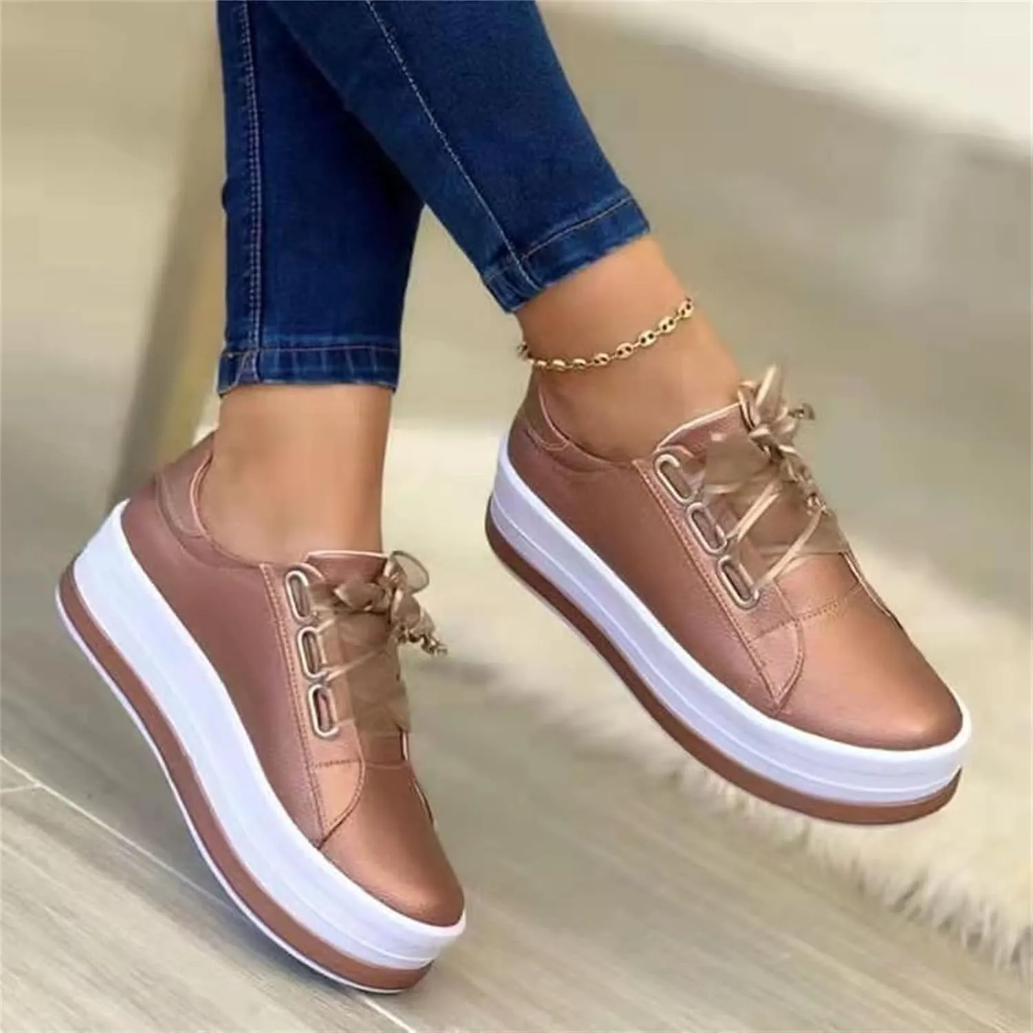 Lausiuoe Sneakers For Women Walking Shoes Comfortable Low Top Leather Sneakers Casual Fashion Lightweight Flat Loafers