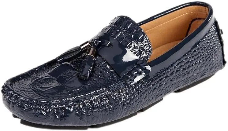 Loafers for Men Vegan Leather Crocodile Print Driving Loafers Tassel Flat Heel Slip Resistant Comfortable Classic Slip-on