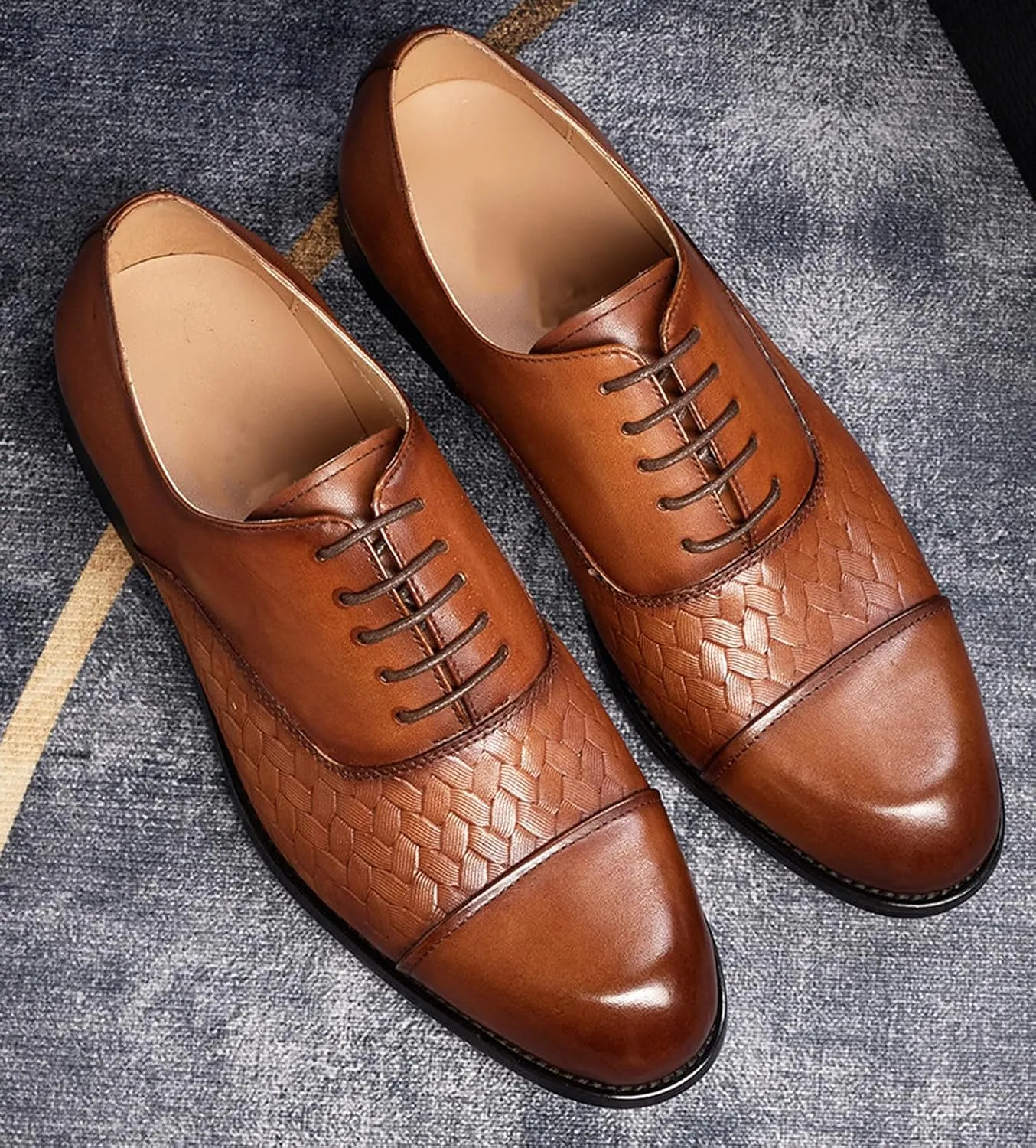 Mens Dress Shoes Formal Oxfords Genunie Leather Cap Toe Weave Texture Modern Derby Fashion Prom Wedding Business Casual Suit Shoes Tuxedo Shoes for Men