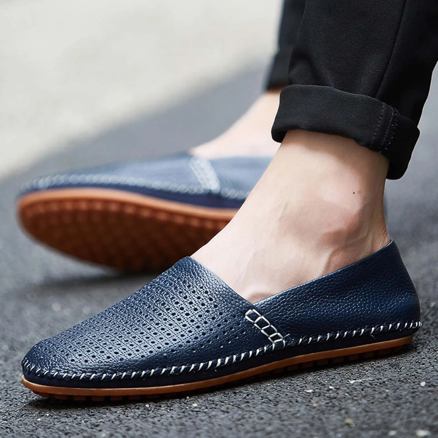 Men's Leather Loafers, Casual Flats, Lightweight Design, Hand-Stitched, Comfortable, Soft, Stylish, Suitable for Daily Travel, Driving, Going Out, Dating and Other Occasions wear All Seasons