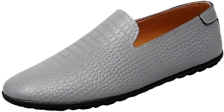 Men's Leather Loafers Round Toe PU Driving Moccasins Shoes Crocodile Print Smoking Loafers Anti-Slip Resistant Lightweight Comfortable Casual Slip-On
