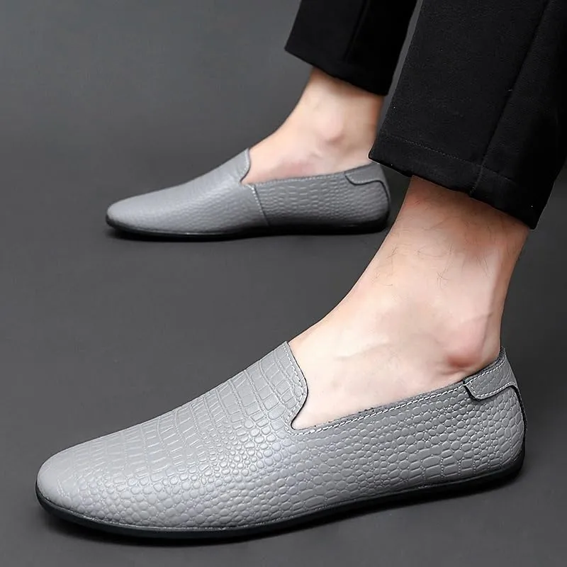 Men's Leather Loafers Round Toe PU Driving Moccasins Shoes Crocodile Print Smoking Loafers Anti-Slip Resistant Lightweight Comfortable Casual Slip-On