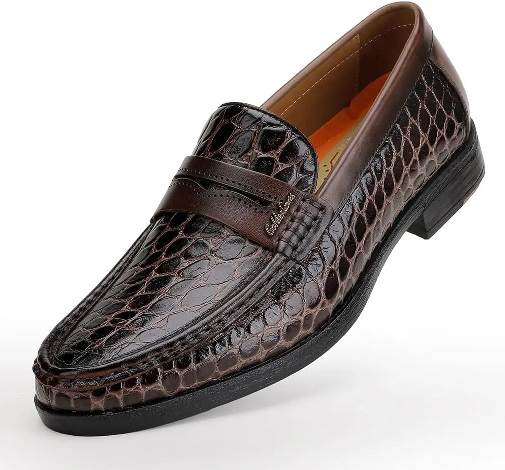 Men's Leather Penny Loafers Formal Dress Shoes Crocodile Printed Soft Slip-On Loafer for Men