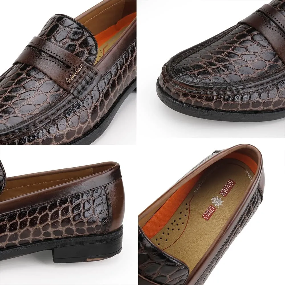 Men's Leather Penny Loafers Formal Dress Shoes Crocodile Printed Soft Slip-On Loafer for Men