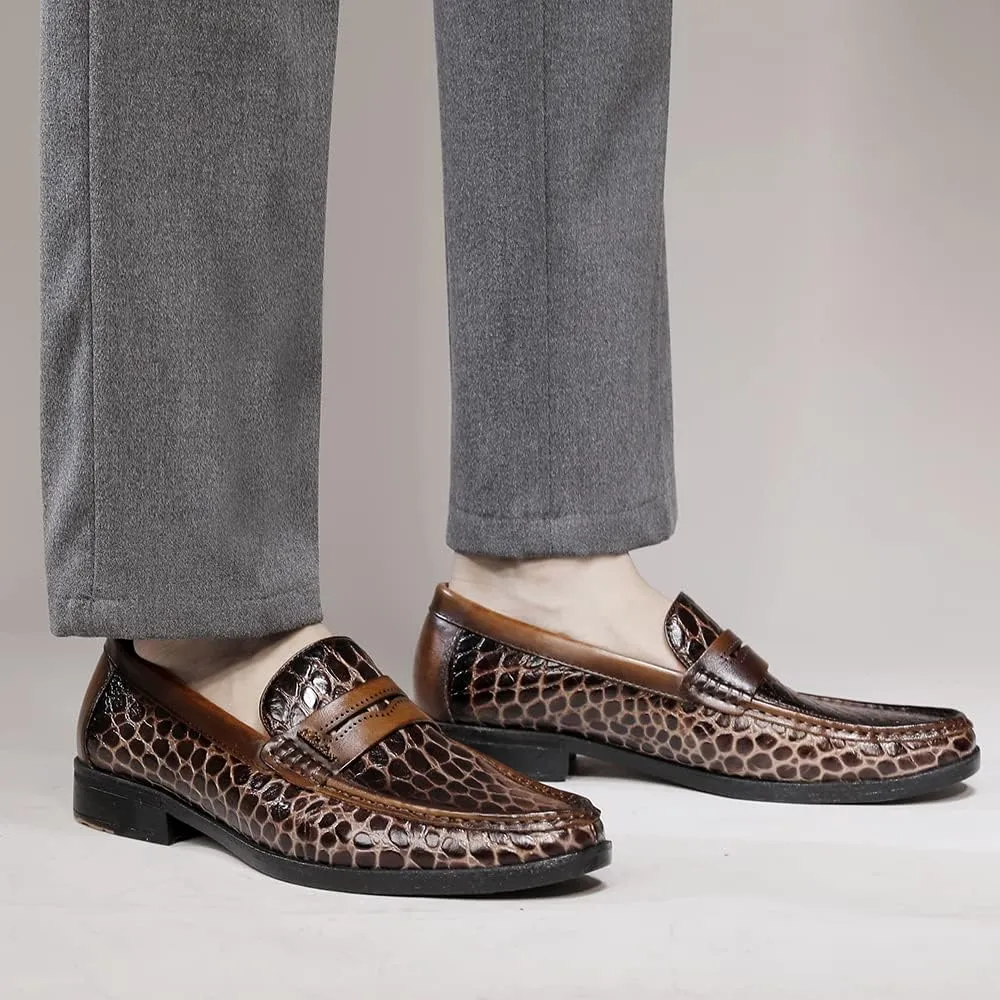 Men's Leather Penny Loafers Formal Dress Shoes Crocodile Printed Soft Slip-On Loafer for Men