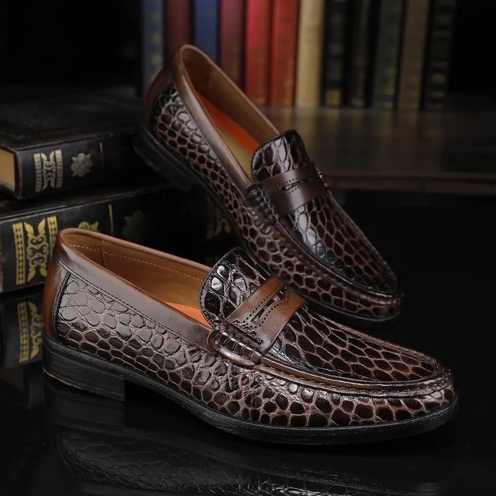 Men's Leather Penny Loafers Formal Dress Shoes Crocodile Printed Soft Slip-On Loafer for Men
