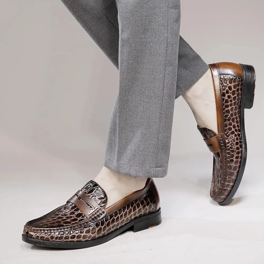 Men's Leather Penny Loafers Formal Dress Shoes Crocodile Printed Soft Slip-On Loafer for Men