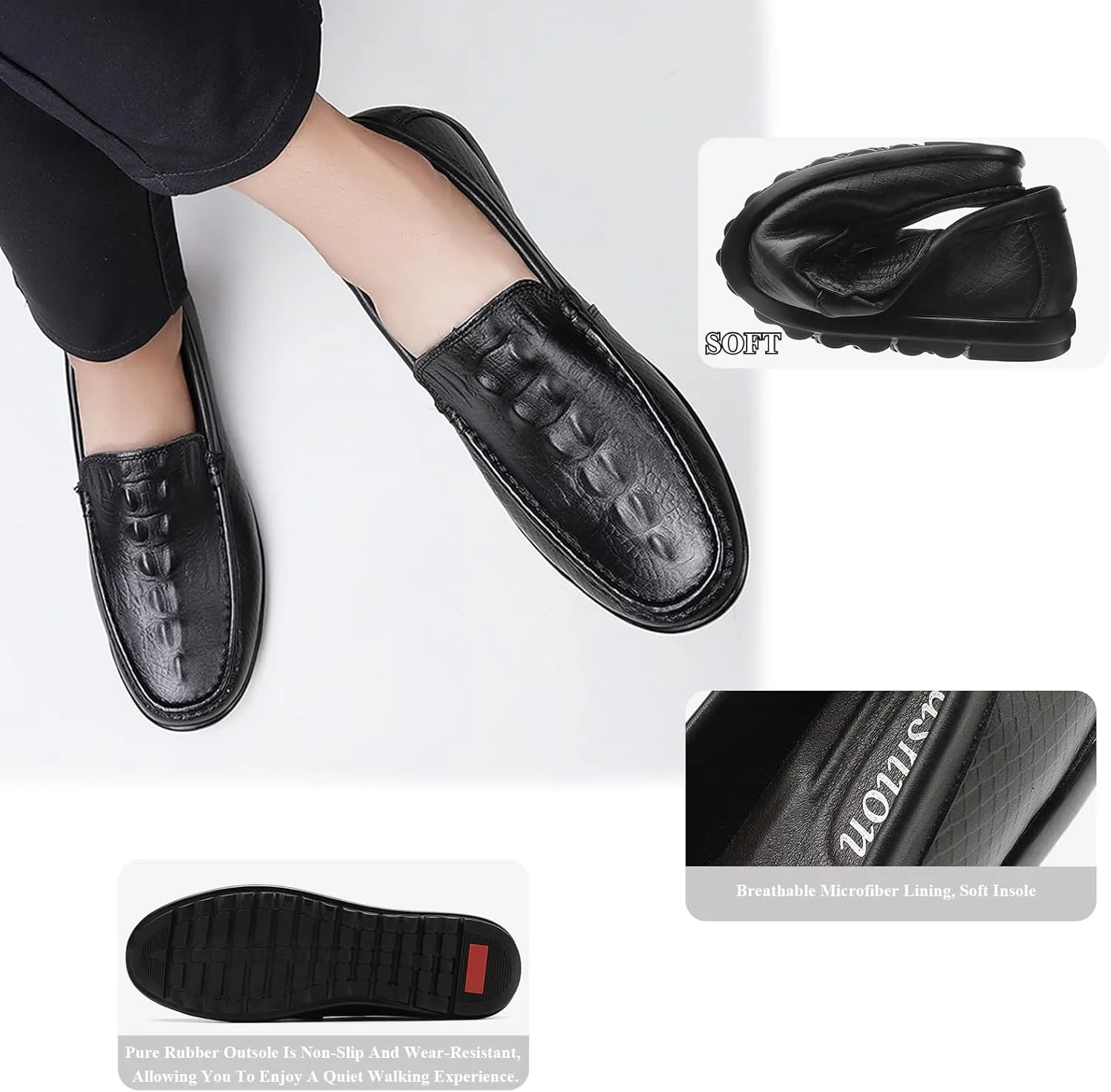 Men's Leather Print Slip-On Loafers,Soft Leather Casual Driving Penny Shoes,Comfortable Classic Moccasin Boat Shoes