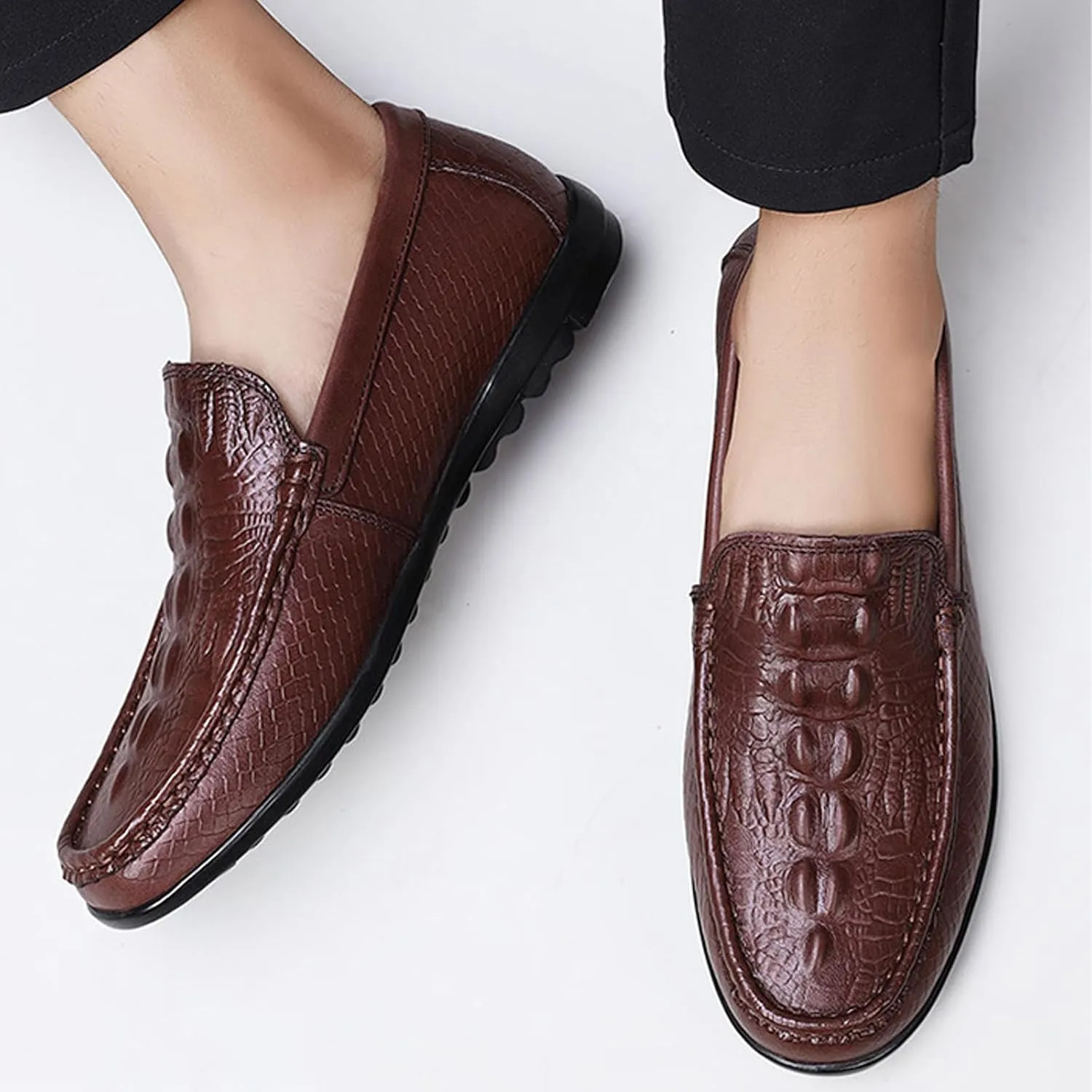 Men's Leather Print Slip-On Loafers,Soft Leather Casual Driving Penny Shoes,Comfortable Classic Moccasin Boat Shoes