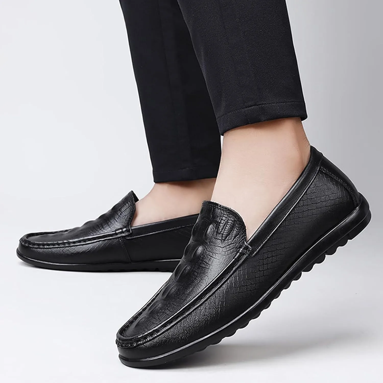 Men's Leather Print Slip-On Loafers,Soft Leather Casual Driving Penny Shoes,Comfortable Classic Moccasin Boat Shoes