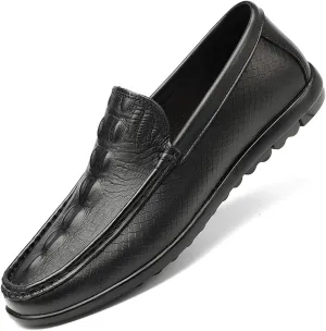 Men's Leather Print Slip-On Loafers,Soft Leather Casual Driving Penny Shoes,Comfortable Classic Moccasin Boat Shoes