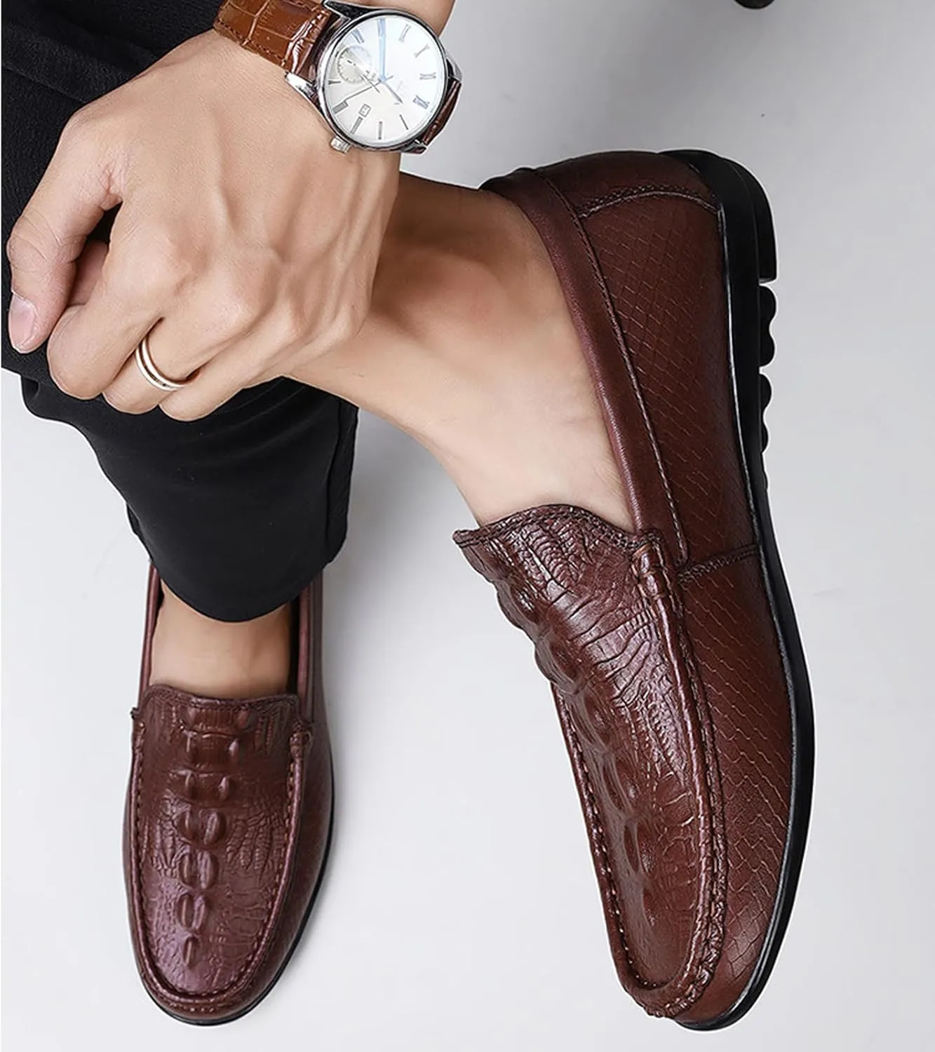 Men's Leather Print Slip-On Loafers,Soft Leather Casual Driving Penny Shoes,Comfortable Classic Moccasin Boat Shoes