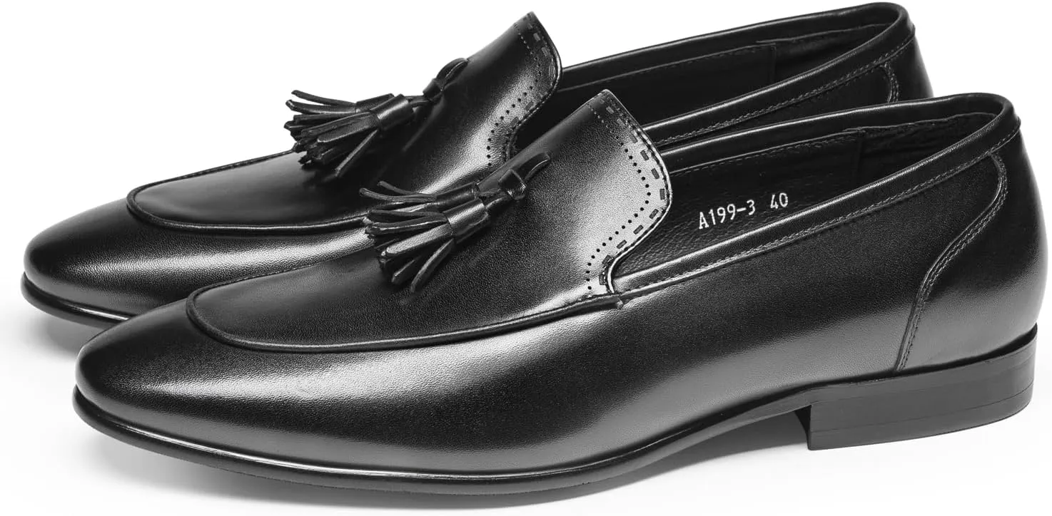 Men's Loafers & Slip-Ons - Genuine Leather Tassel Loafers | Classic Dress Shoes with Hand-Tied Fringes for Formal Occasions