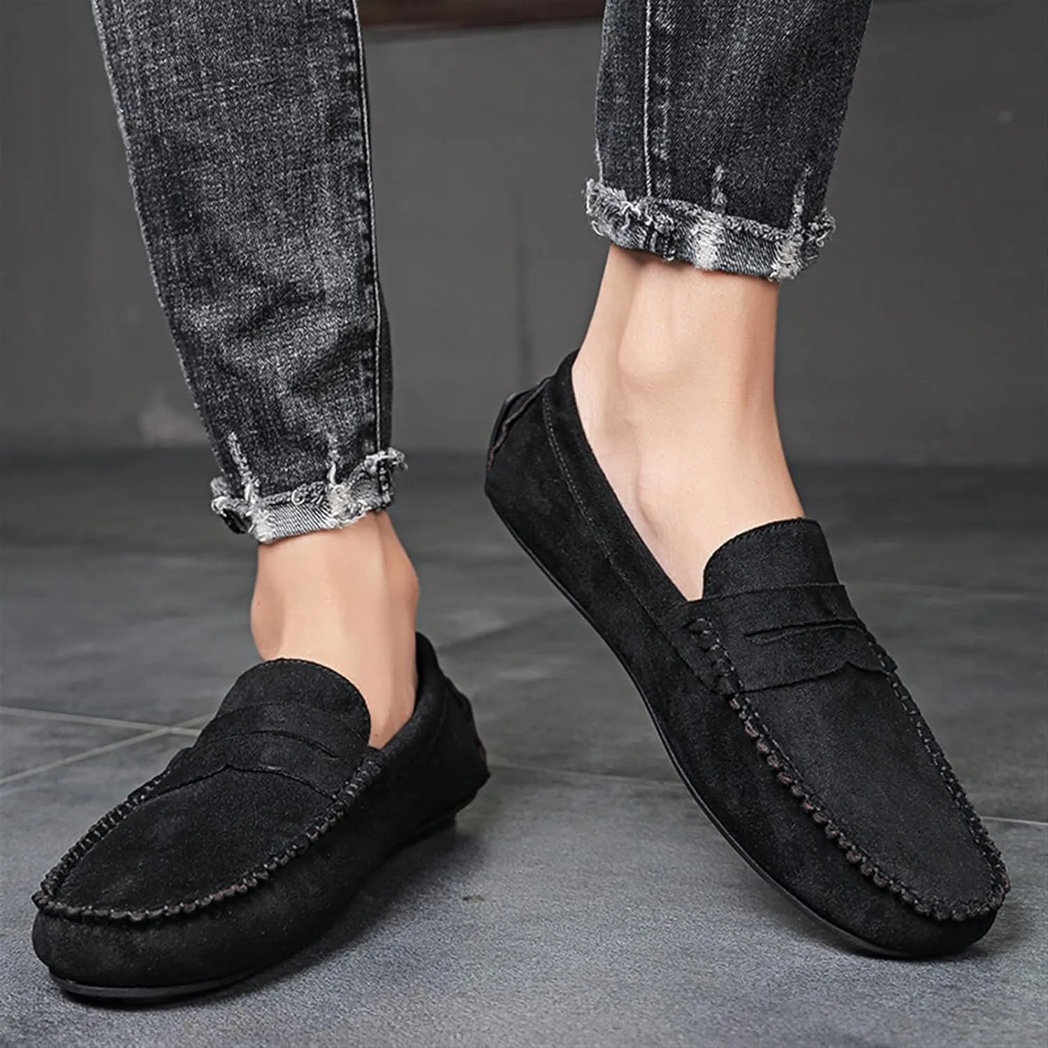 Men's Loafers Genuine Leather Round Toe Suede Vamp Penny Loafer Slip Resistant Comfortable Anti-Slip Wedding Slip-ons