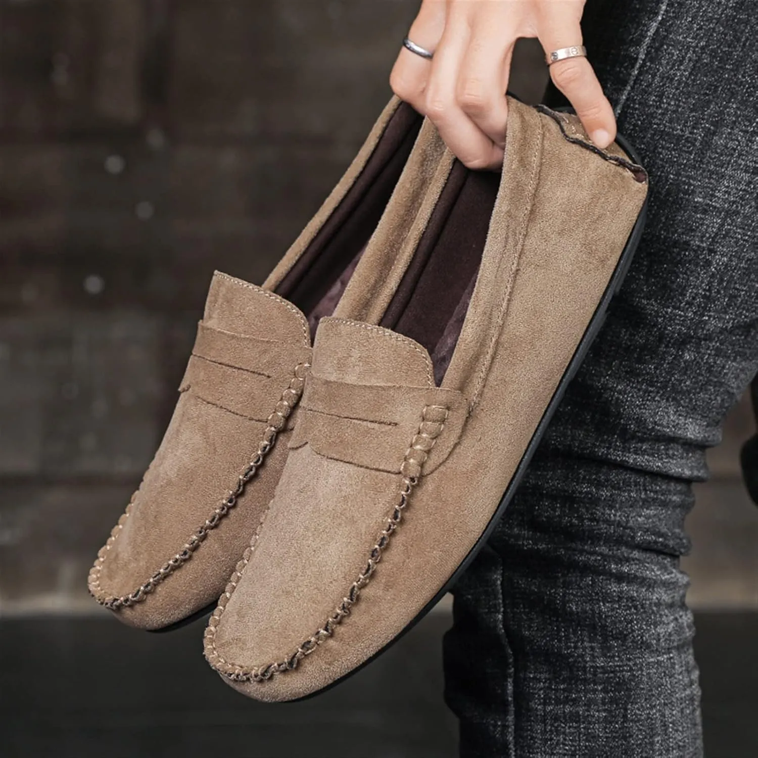 Men's Loafers Genuine Leather Round Toe Suede Vamp Penny Loafer Slip Resistant Comfortable Anti-Slip Wedding Slip-ons