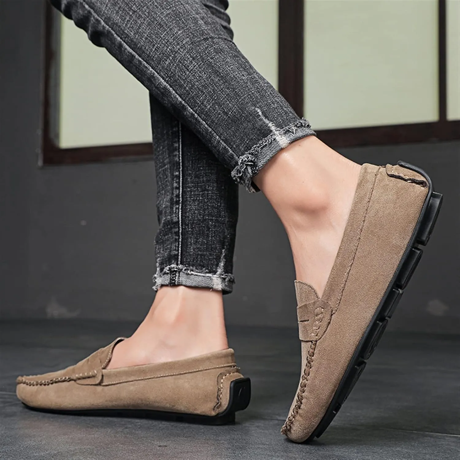 Men's Loafers Genuine Leather Round Toe Suede Vamp Penny Loafer Slip Resistant Comfortable Anti-Slip Wedding Slip-ons