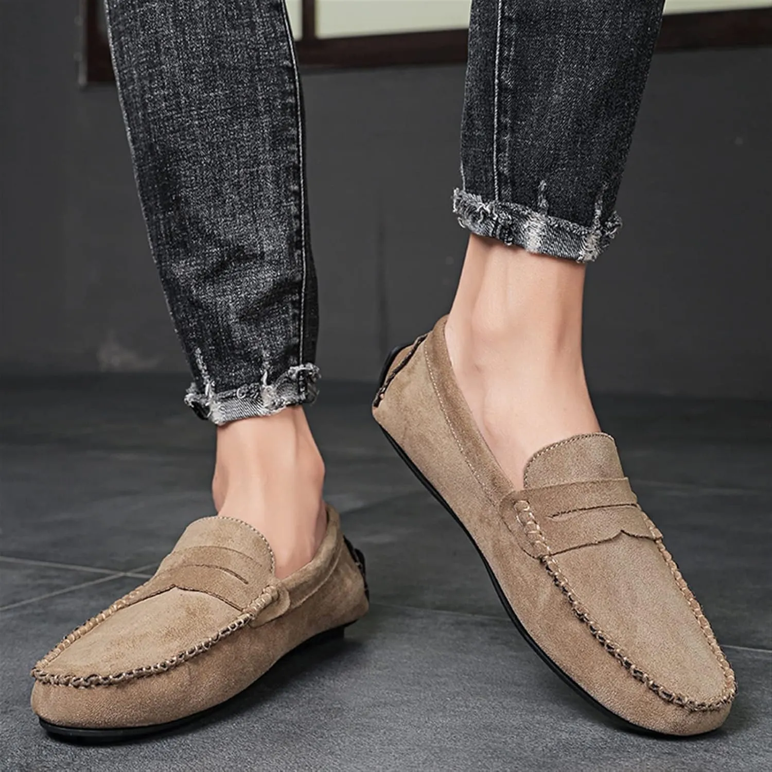 Men's Loafers Genuine Leather Round Toe Suede Vamp Penny Loafer Slip Resistant Comfortable Anti-Slip Wedding Slip-ons