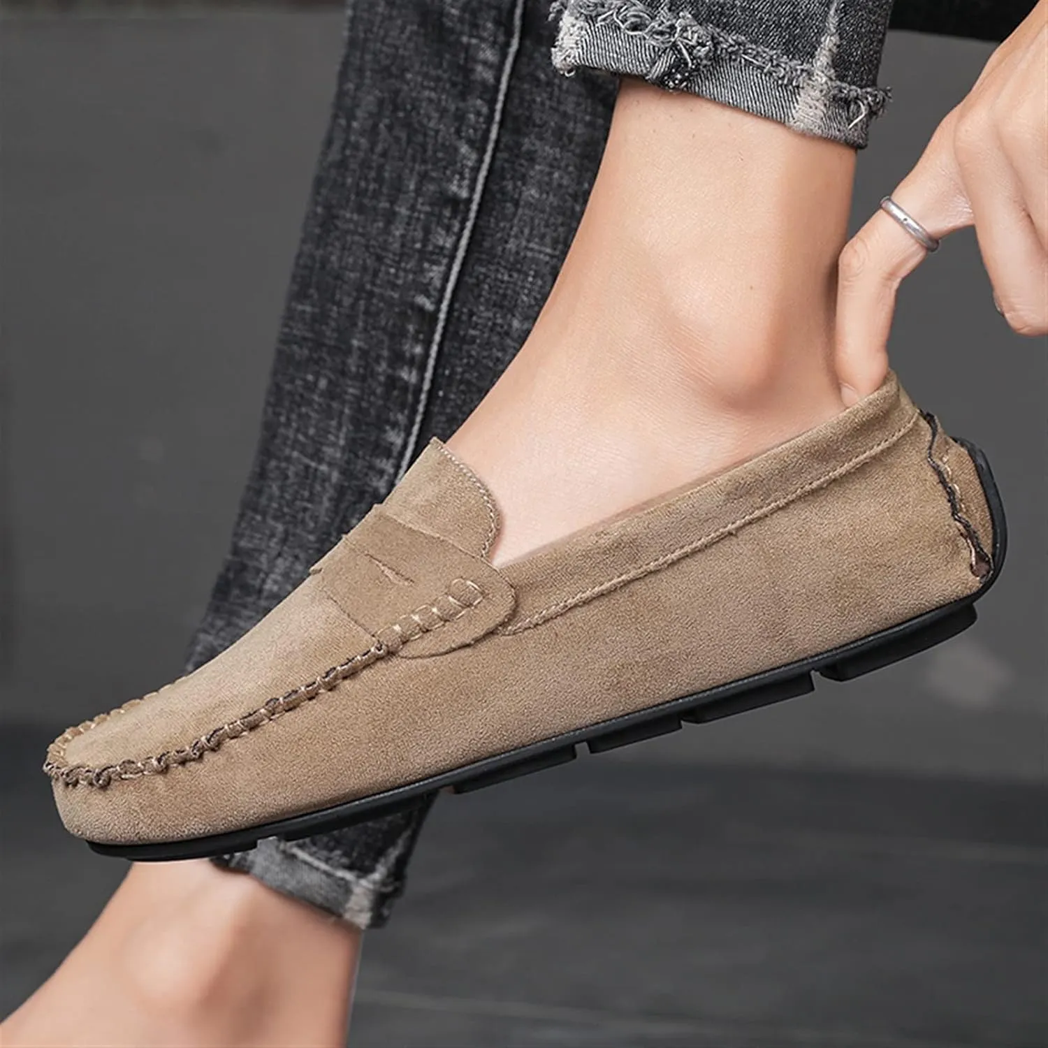 Men's Loafers Genuine Leather Round Toe Suede Vamp Penny Loafer Slip Resistant Comfortable Anti-Slip Wedding Slip-ons