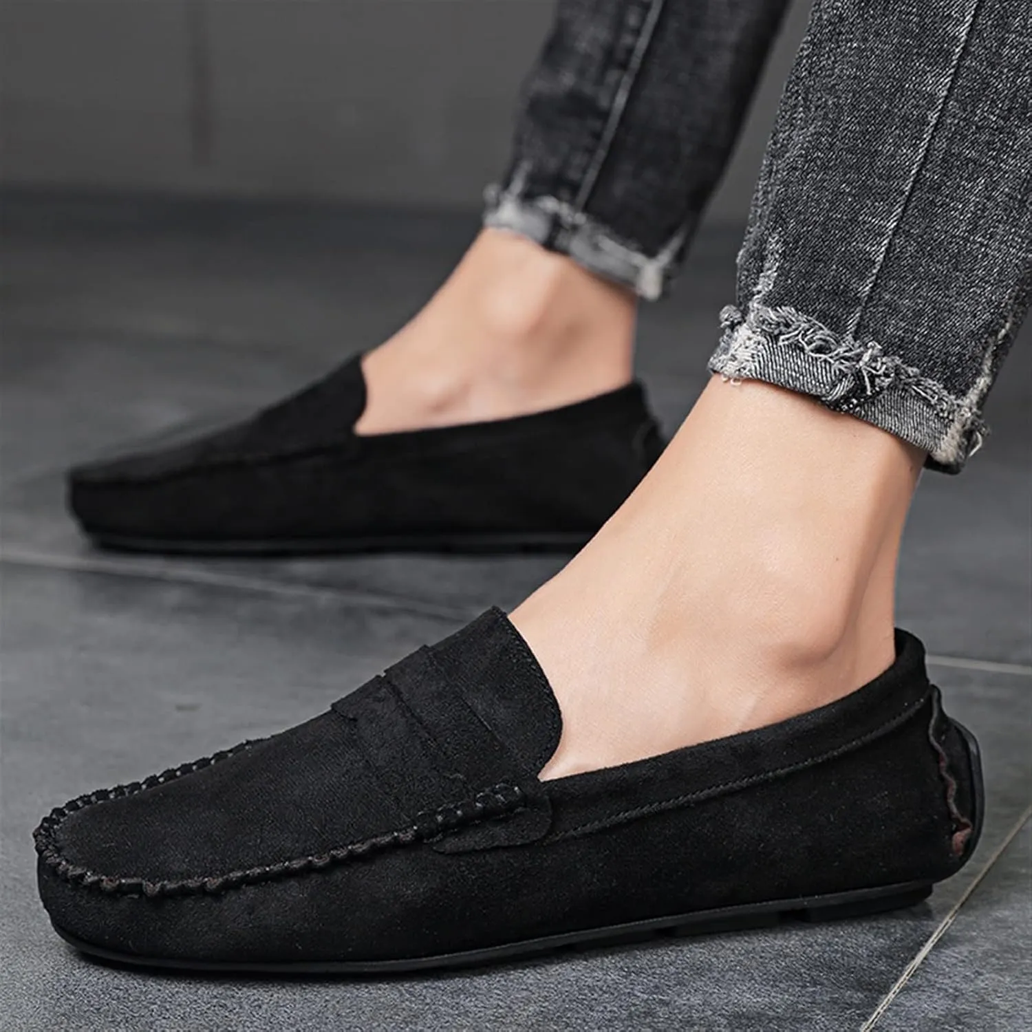 Men's Loafers Genuine Leather Round Toe Suede Vamp Penny Loafer Slip Resistant Comfortable Anti-Slip Wedding Slip-ons