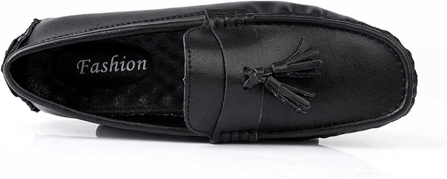 Men's Loafers Genuine Leather Tassel Stitching Details Round Toe Anti-Slip Lightweight Flat Heel Walking Slip On