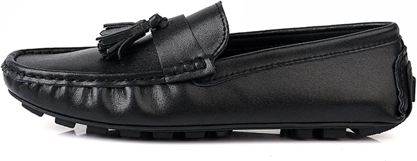 Men's Loafers Genuine Leather Tassel Stitching Details Round Toe Anti-Slip Lightweight Flat Heel Walking Slip On
